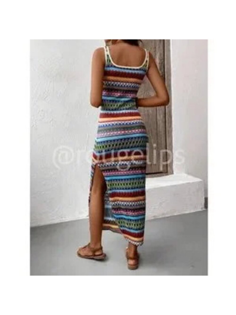Knit Striped Tank Dress Side Leg Slit Long Ribbed Multicolor Long Slim - Picture 3 of 4